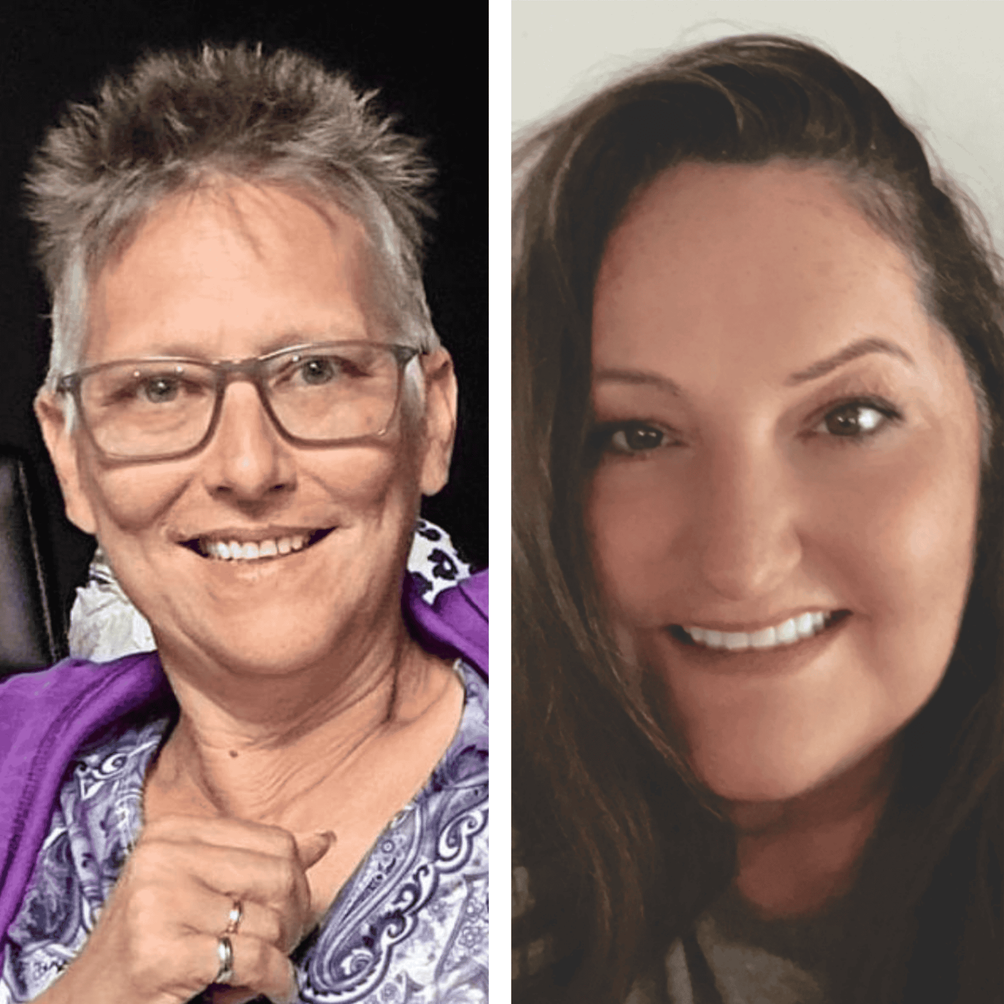 Portraits of Jean Dukarski (a female with short gray hair, wearing glasses and a purple paisley top) and Deborah Monroe (a female with long, brown hair and brown eyes)