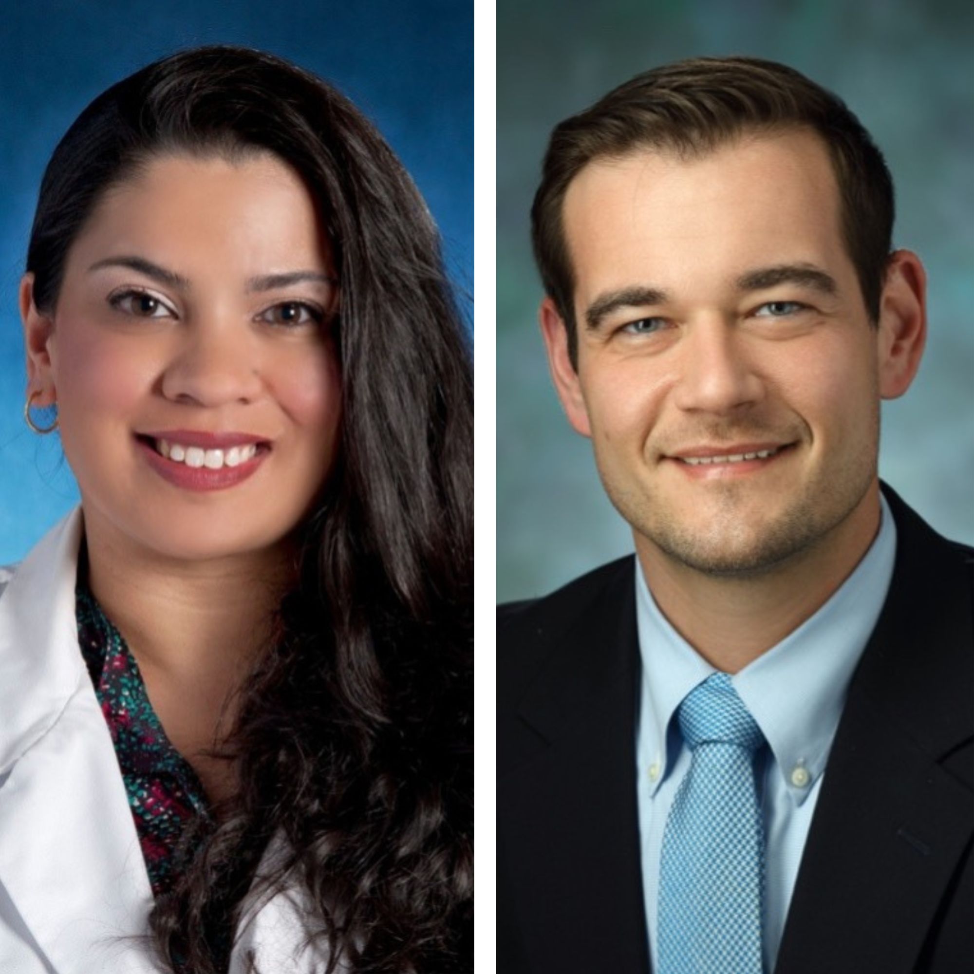 Portrait collage of Drs. Durga Roy (female with long dark hair) and Matthew Peters (male with short dark brown hair)