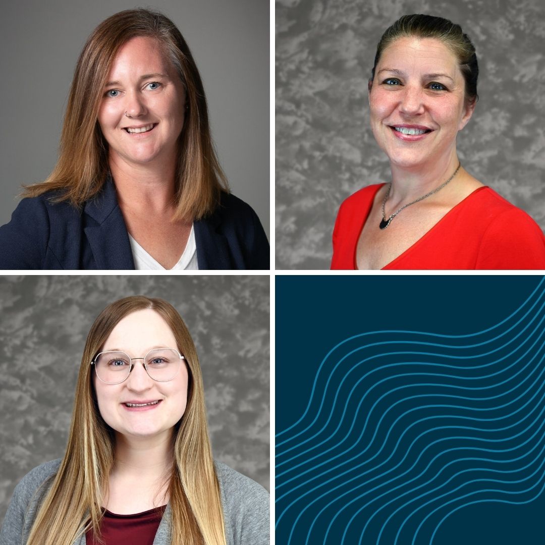 A collage of three females: Brittany Brakenhoff with light brown hair, Angela Gebhardt with dark hair, and Sarah Cruz with blonde hair and wearing glasses.