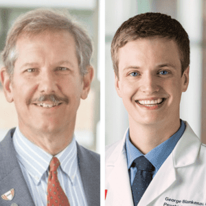 Portrait collage of two men, one older with gray hair and mustache wearing gray suit and red tie while the other is young wearing a doctor's coat, blue shirt, and tie.